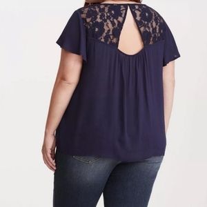 Torrid Navy Blouse with Butterfly Sleeves  and a Lace Keyhole Back Size 3